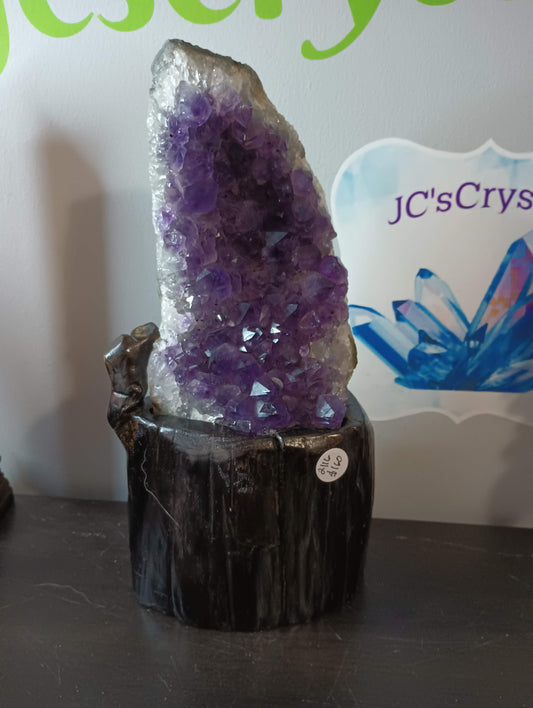 amethyst cathedral freeform with wood log stand 2116
